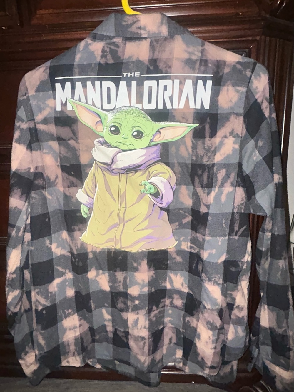 The Mandalorian Grogu Plaid Flannel Shirt - Black & bleached white style